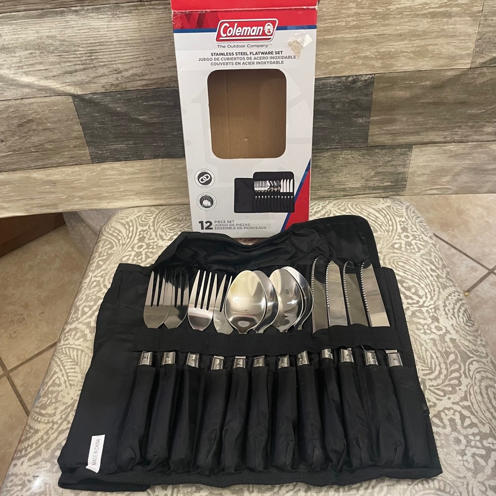 Coleman 12 Piece Stainless Steel Flatware Set with Roll Up Case Camping Outdoor